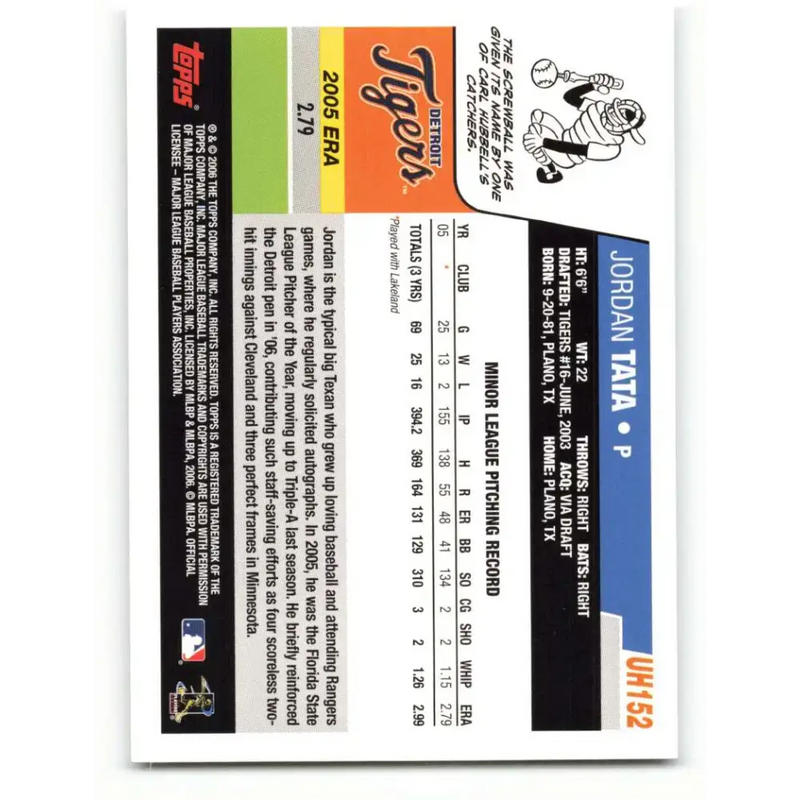 2006 Topps Update #152 Jordan Tata EX Excellent RC Rookie Detroit Tigers Baseball Card