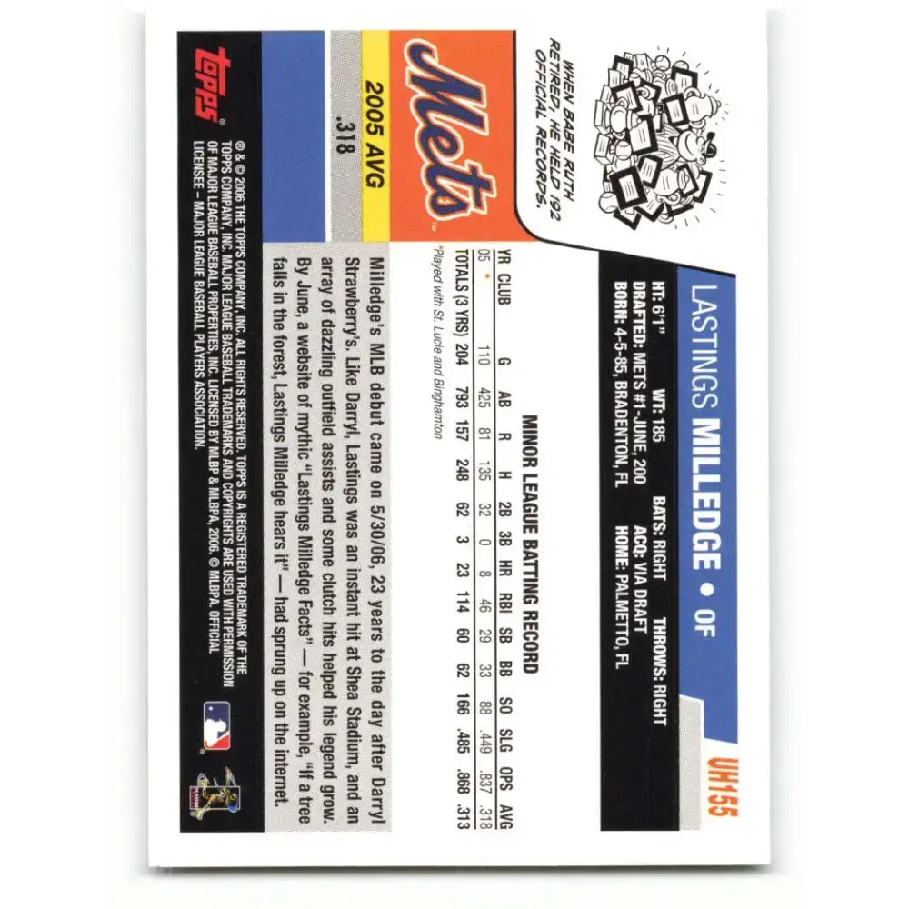 2006 Topps Update #155 Lastings Milledge EX Excellent RC Rookie New York Mets Baseball Card - Baseball Card Single