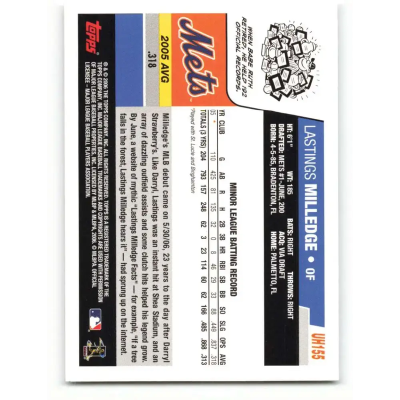 2006 Topps Update #155 Lastings Milledge EX Excellent RC Rookie New York Mets Baseball Card - Baseball Card Single
