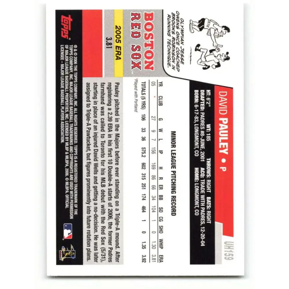 2006 Topps Update #159 David Pauley EX Excellent RC Rookie Boston Red Sox Baseball Card - Baseball Card Single