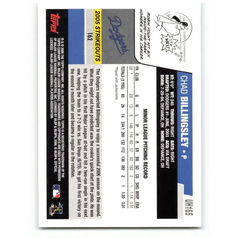2006 Topps Update #165 Chad Billingsley EX Excellent RC Rookie Los Angeles Dodgers Baseball Card - Baseball Card Single