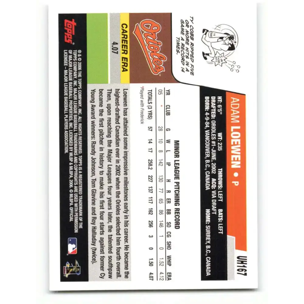 2006 Topps Update #167 Adam Loewen EX Excellent RC Rookie Baltimore Orioles Baseball Card - Baseball Card Single