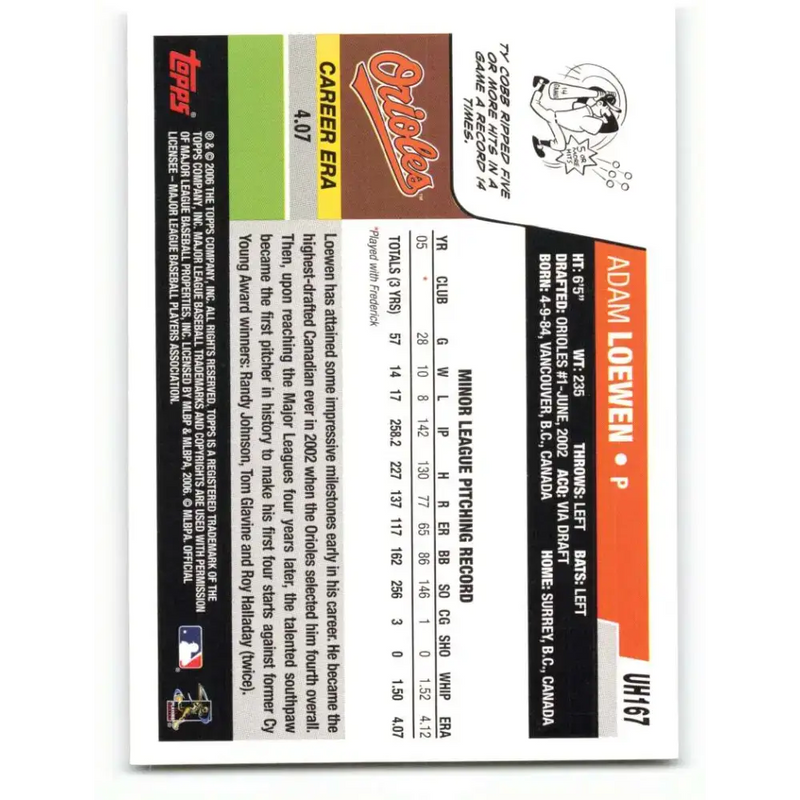 2006 Topps Update #167 Adam Loewen EX Excellent RC Rookie Baltimore Orioles Baseball Card - Baseball Card Single