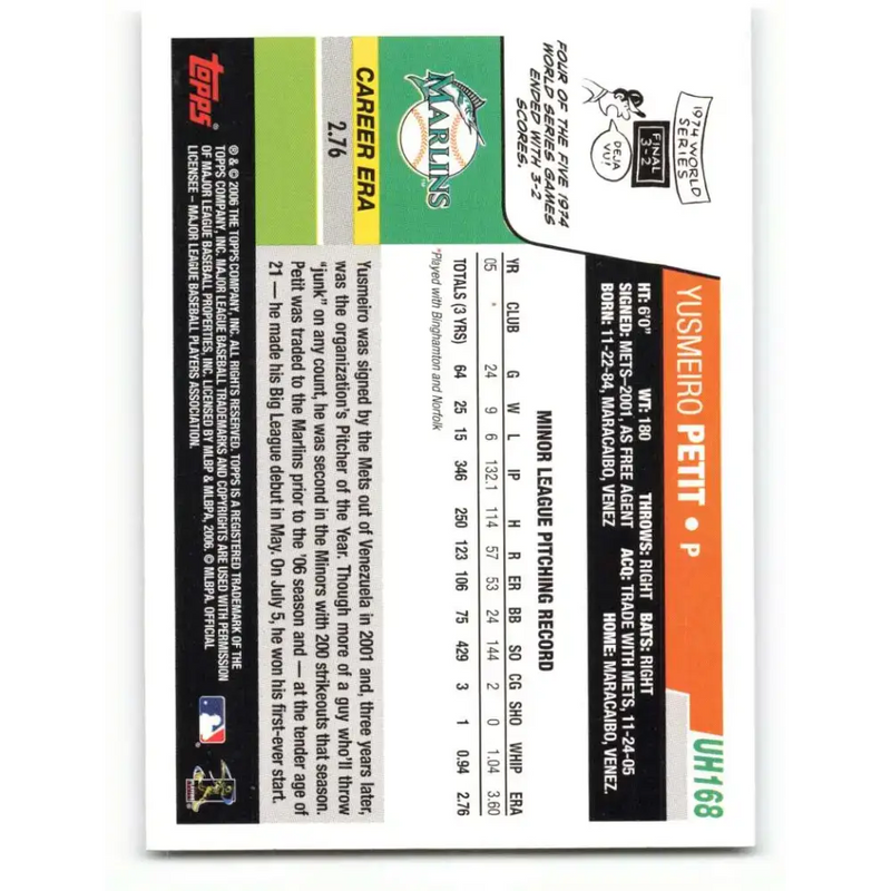 2006 Topps Update #168 Yusmeiro Petit EX Excellent RC Rookie Florida Marlins Baseball Card - Baseball Card Single