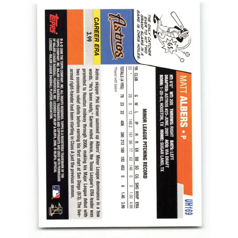 2006 Topps Update #169 Matt Albers EX Excellent RC Rookie Houston Astros Baseball Card - Baseball Card Single
