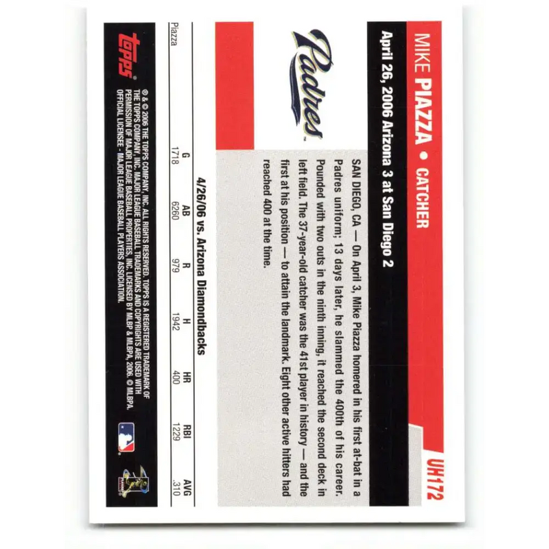 2006 Topps Update #172 Mike Piazza EX Excellent San Diego Padres Baseball Card - Baseball Card Single