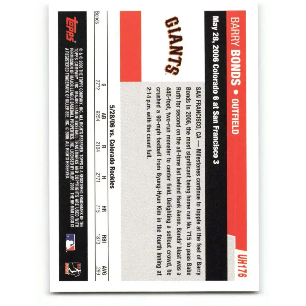 2006 Topps Update #176 Barry Bonds EX Excellent San Francisco Giants Baseball Card - Baseball Card Single
