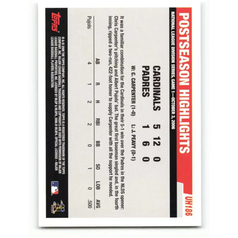2006 Topps Update #186 Albert Pujols EX Excellent St. Louis Cardinals Baseball Card - Baseball Card Single