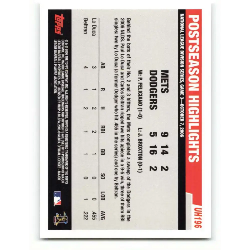 2006 Topps Update #196 Paul LoDuca/Carlos Beltran EX Excellent New York Mets Baseball Card - Baseball Card Single
