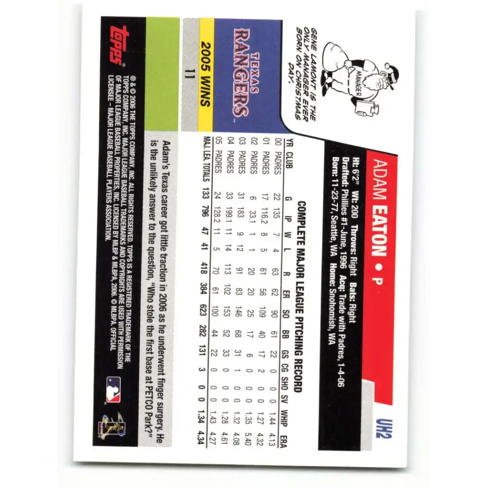 2006 Topps Update #2 Adam Eaton EX Excellent Texas Rangers Baseball Card - Baseball Card Single