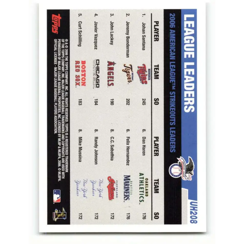 2006 Topps Update #208 Johan Santana/John Lackey/Jeremy Bonderman EX Excellent Los Angeles Angels Baseball Card