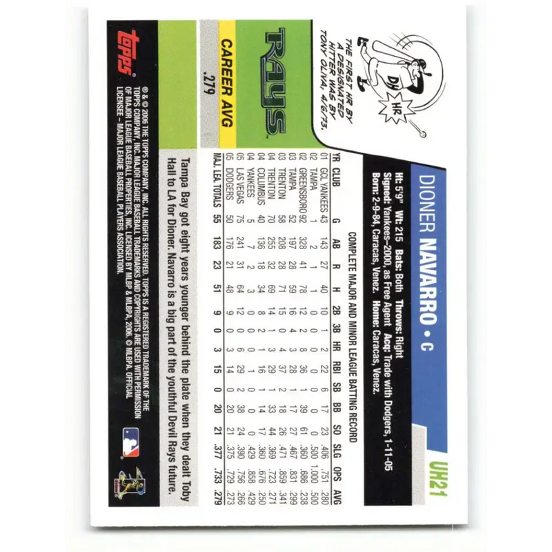 2006 Topps Update #21 Dioner Navarro EX Excellent Tampa Bay Devil Rays Baseball Card - Baseball Card Single