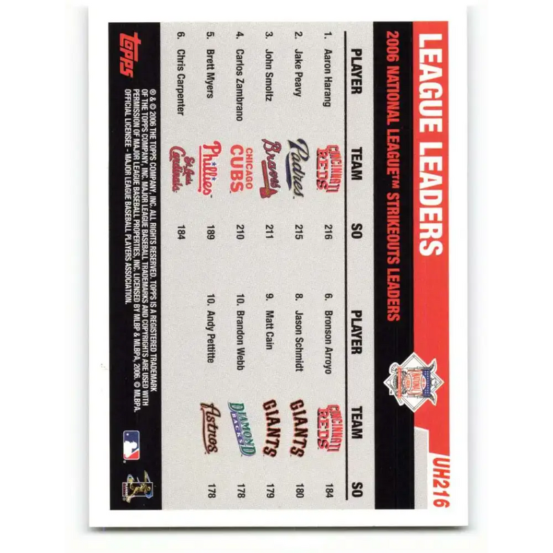 2006 Topps Update #216 Jake Peavy/Aaron Harang/John Smoltz EX Excellent Atlanta Braves Baseball Card - Baseball Card