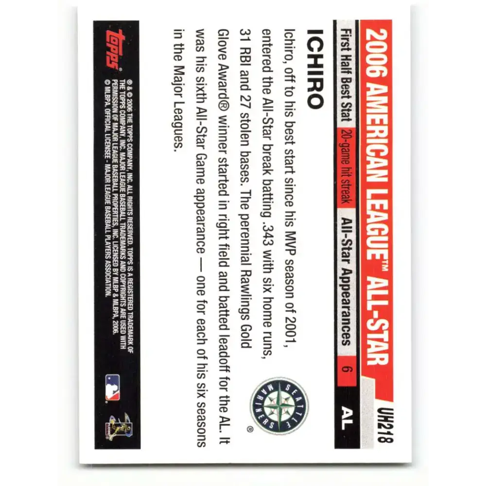 2006 Topps Update #218 Ichiro Suzuki EX Excellent Seattle Mariners Baseball Card - Baseball Card Single