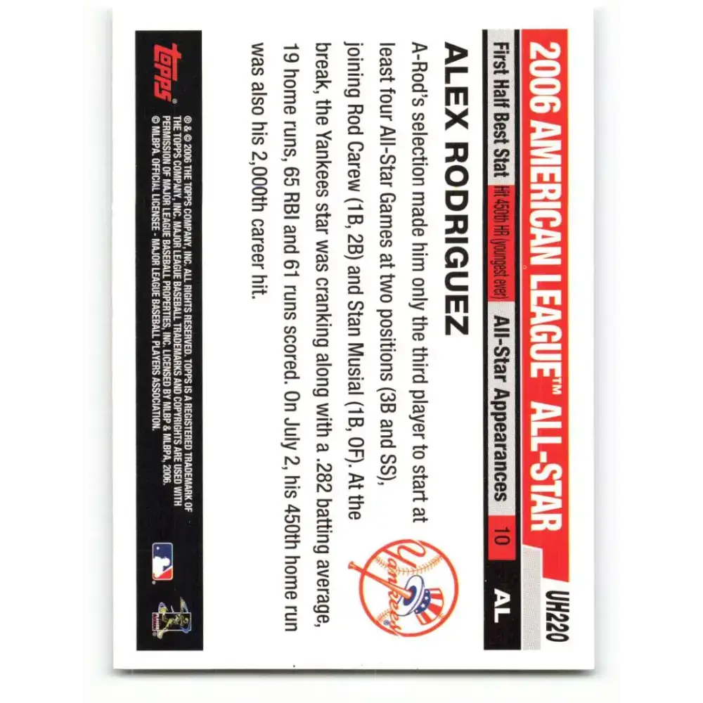 2006 Topps Update #220 Alex Rodriguez EX Excellent New York Yankees Baseball Card - Baseball Card Single