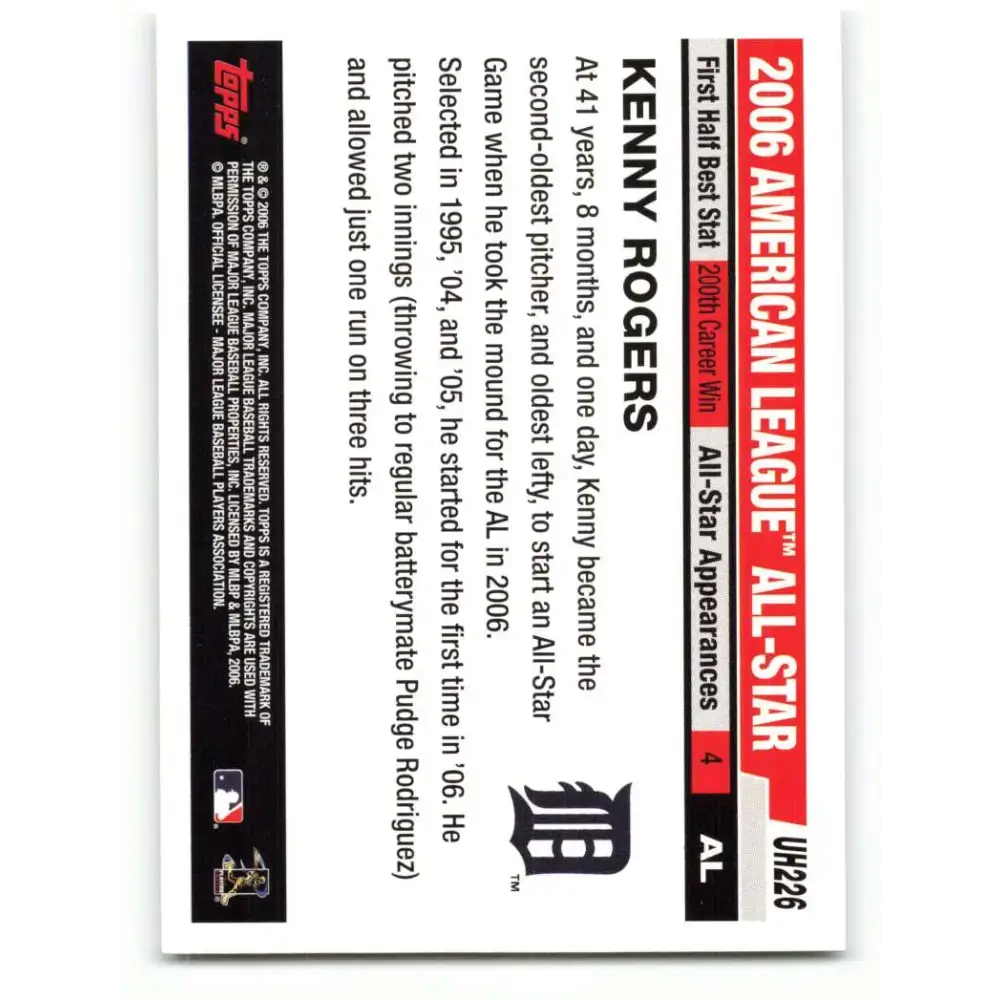2006 Topps Update #226 Kenny Rogers EX Excellent Detroit Tigers Baseball Card - Baseball Card Single