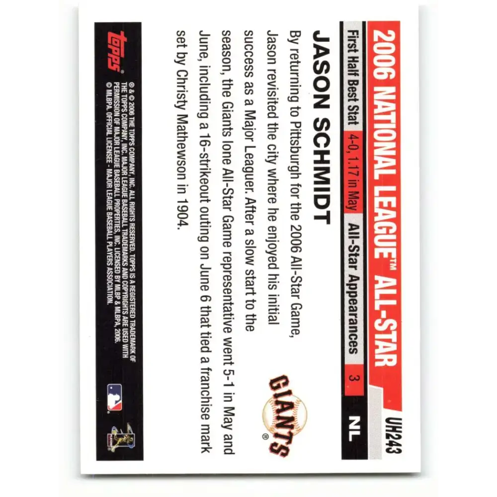 2006 Topps Update #243 Jason Schmidt EX Excellent San Francisco Giants Baseball Card - Baseball Card Single