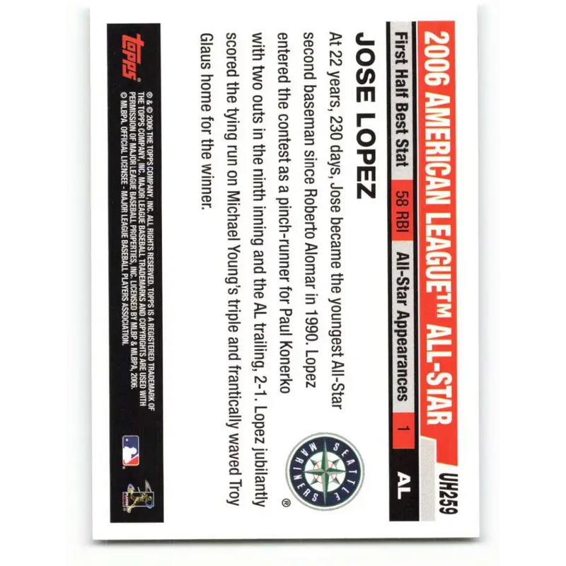 2006 Topps Update #259 Jose Lopez EX Excellent Seattle Mariners Baseball Card - Baseball Card Single