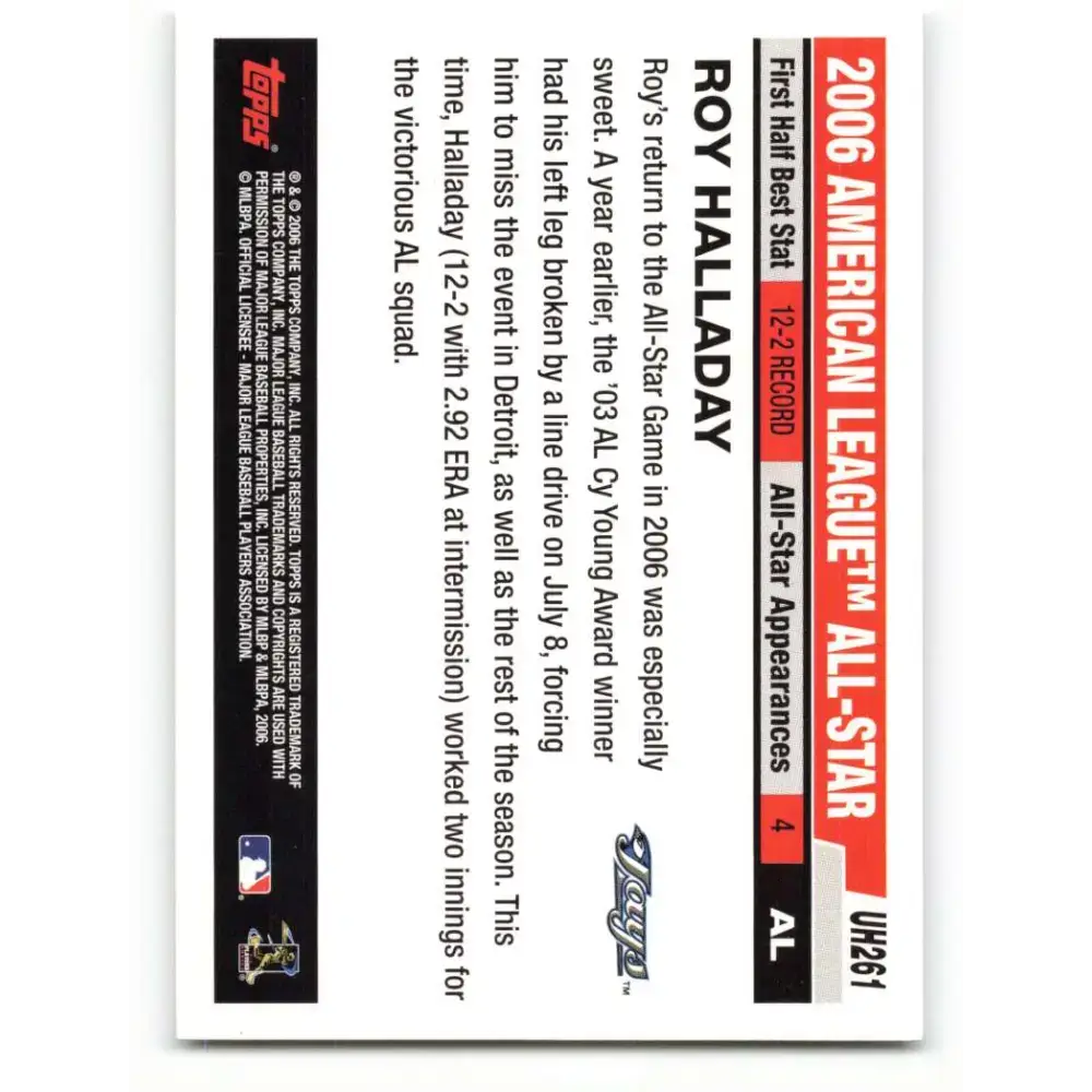 2006 Topps Update #261 Roy Halladay EX Excellent Toronto Blue Jays Baseball Card - Baseball Card Single