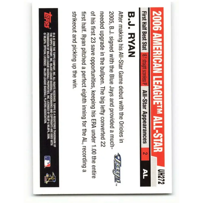 2006 Topps Update #272 B.J. Ryan EX Excellent Toronto Blue Jays Baseball Card - Baseball Card Single