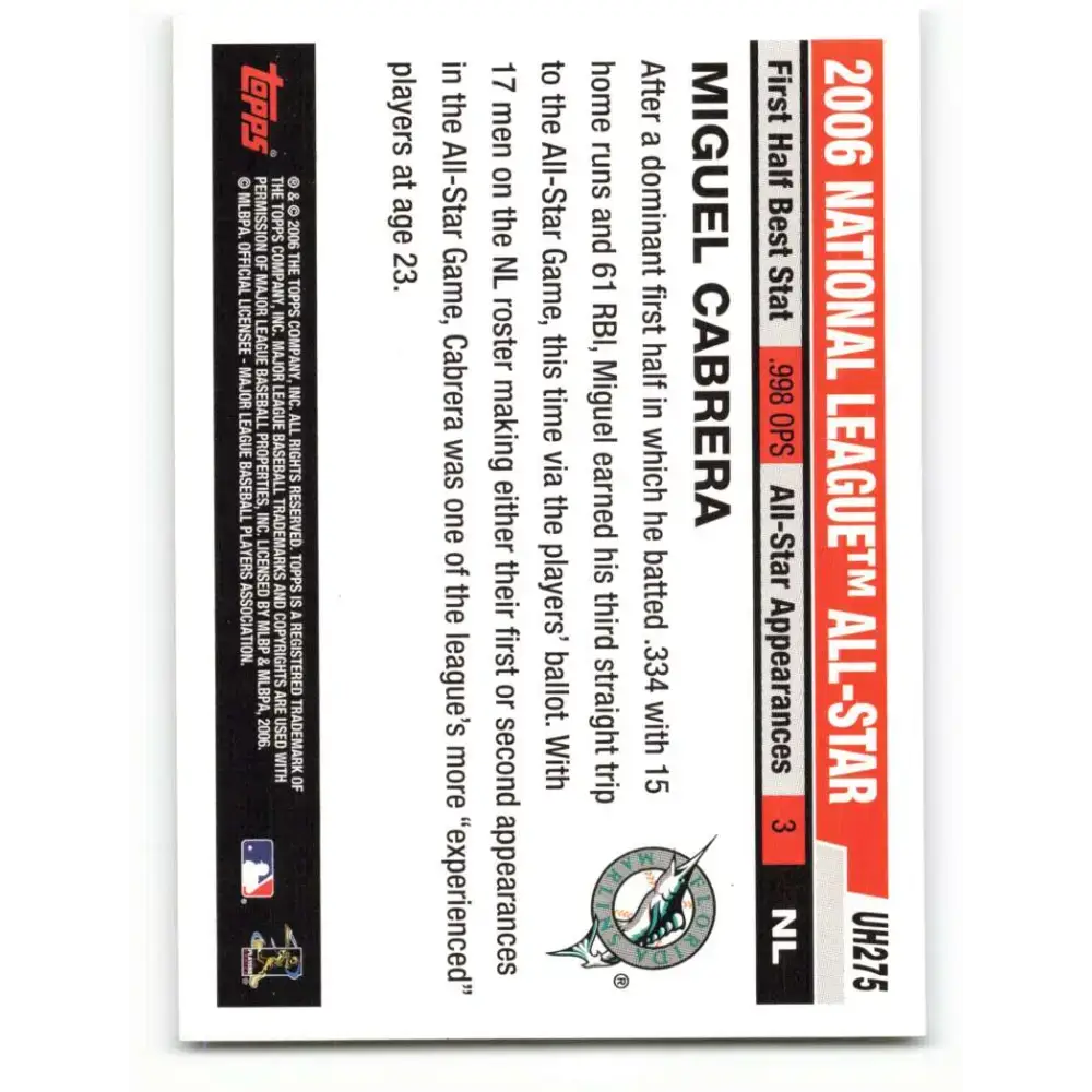 2006 Topps Update #275 Miguel Cabrera EX Excellent Florida Marlins Baseball Card - Baseball Card Single