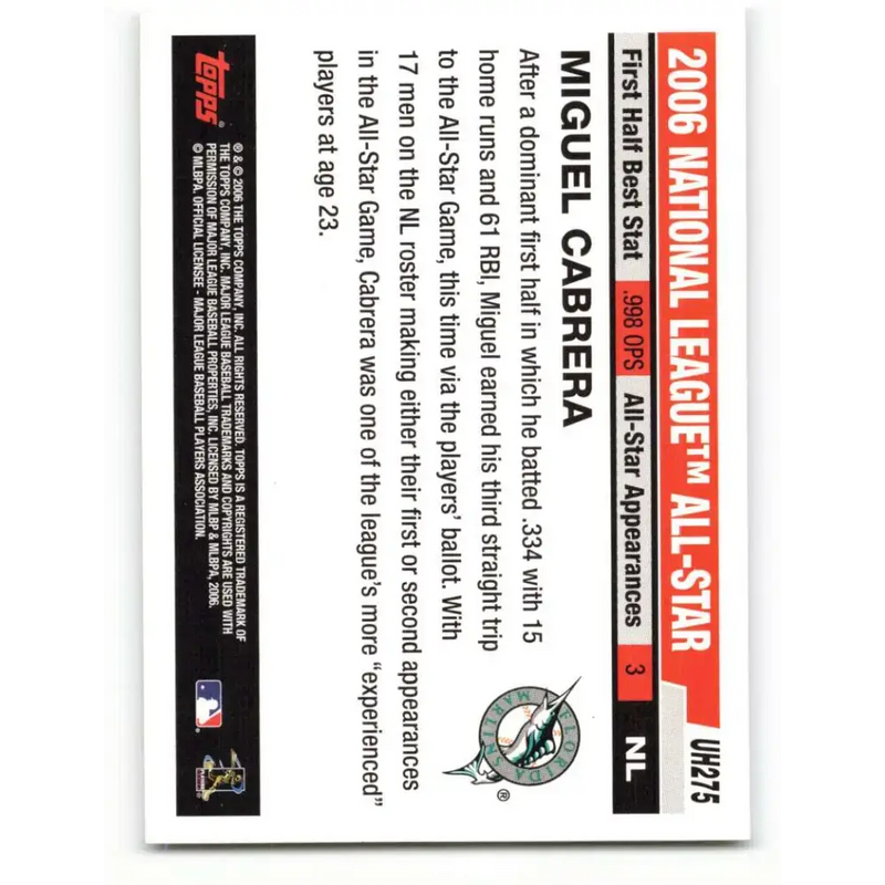 2006 Topps Update #275 Miguel Cabrera EX Excellent Florida Marlins Baseball Card - Baseball Card Single