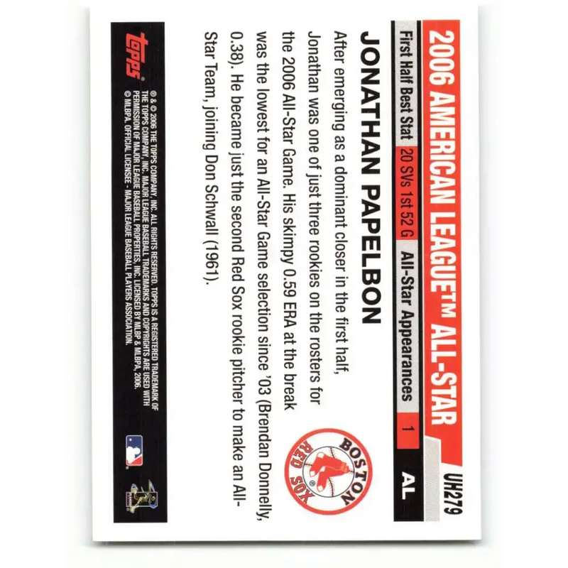 2006 Topps Update #279 Jonathan Papelbon EX Excellent Boston Red Sox Baseball Card - Baseball Card Single