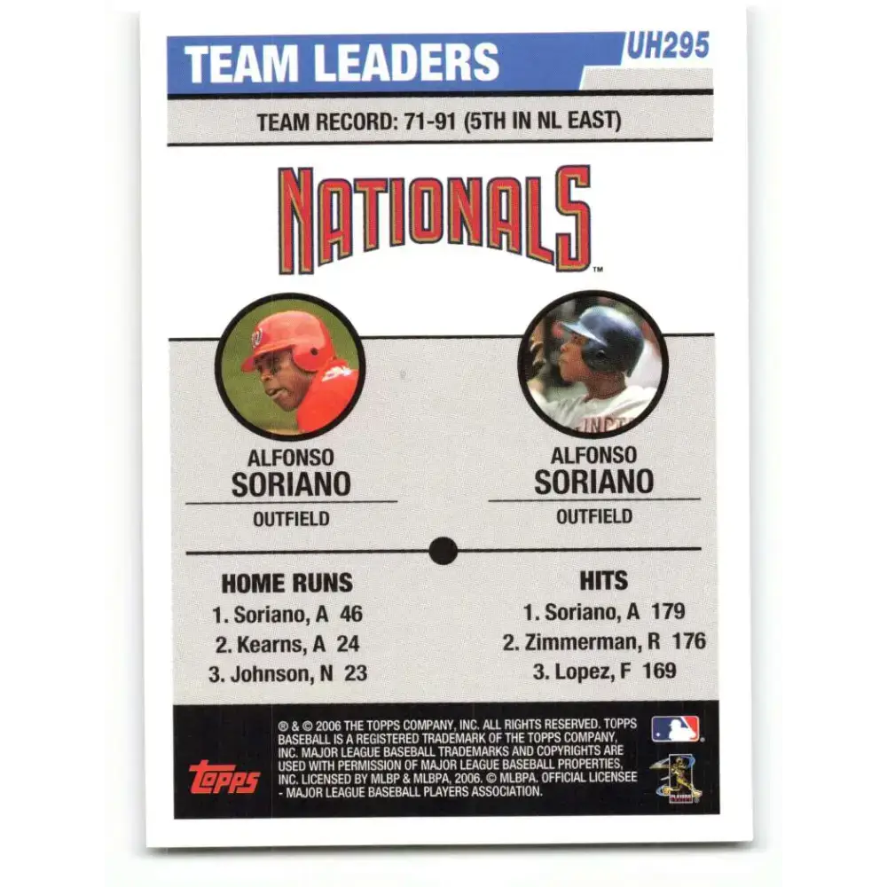 2006 Topps Update #295 Alfonso Soriano EX Excellent Washington Nationals Baseball Card - Baseball Card Single