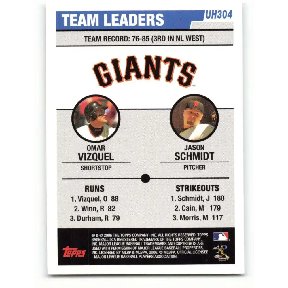2006 Topps Update #304 Omar Vizquel/Jason Schmidt EX Excellent San Francisco Giants Baseball Card - Baseball Card Single