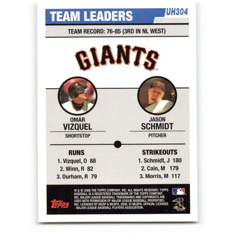2006 Topps Update #304 Omar Vizquel/Jason Schmidt EX Excellent San Francisco Giants Baseball Card - Baseball Card Single