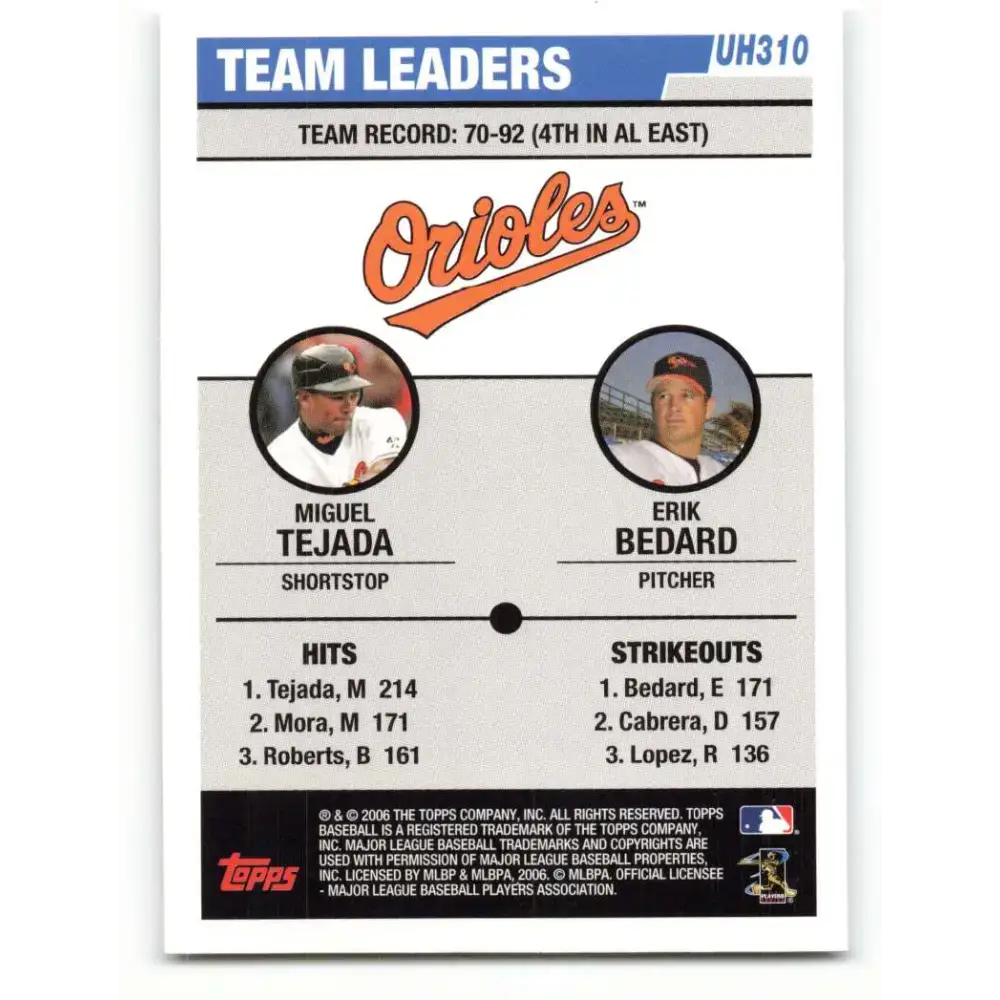 2006 Topps Update #310 Erik Bedard/Miguel Tejada EX Excellent Baltimore Orioles Baseball Card - Baseball Card Single