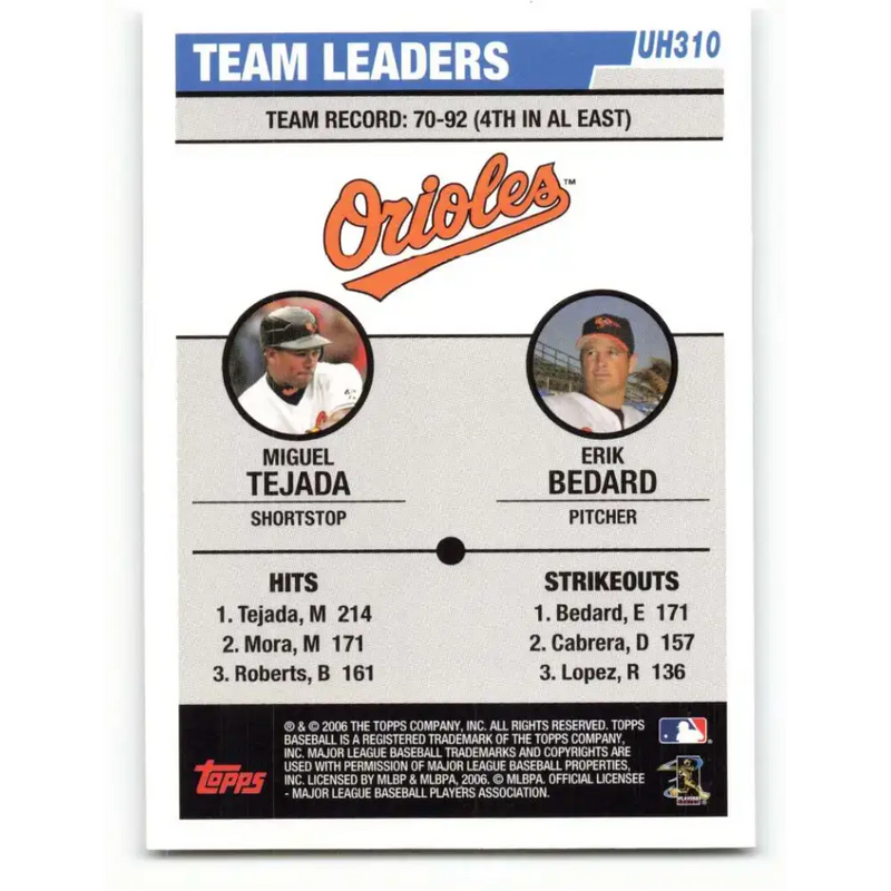 2006 Topps Update #310 Erik Bedard/Miguel Tejada EX Excellent Baltimore Orioles Baseball Card - Baseball Card Single