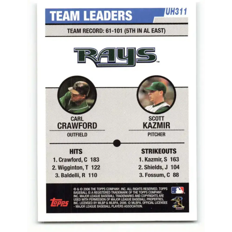 2006 Topps Update #311 Scott Kazmir/Carl Crawford EX Excellent Tampa Bay Devil Rays Baseball Card - Baseball Card Single