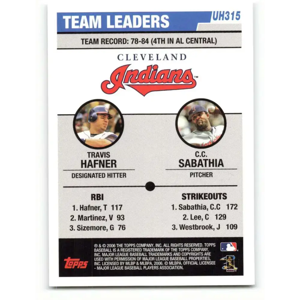 2006 Topps Update #315 Travis Hafner/C.C. Sabathia EX Excellent Cleveland Indians Baseball Card - Baseball Card Single