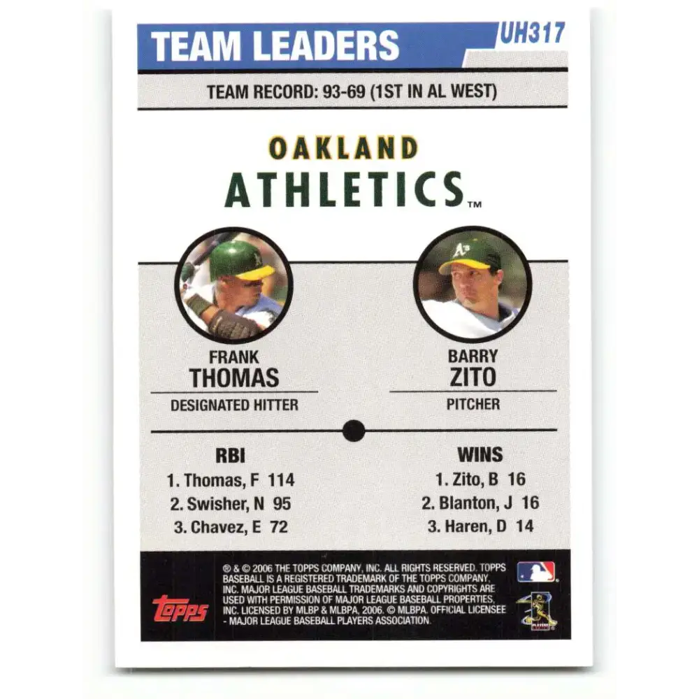 2006 Topps Update #317 Frank Thomas/Frank Thomas/Barry Zito EX Excellent Oakland Athletics Baseball Card - Baseball