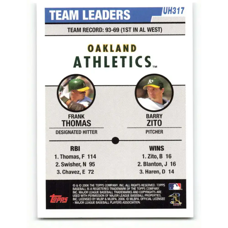 2006 Topps Update #317 Frank Thomas/Frank Thomas/Barry Zito EX Excellent Oakland Athletics Baseball Card - Baseball