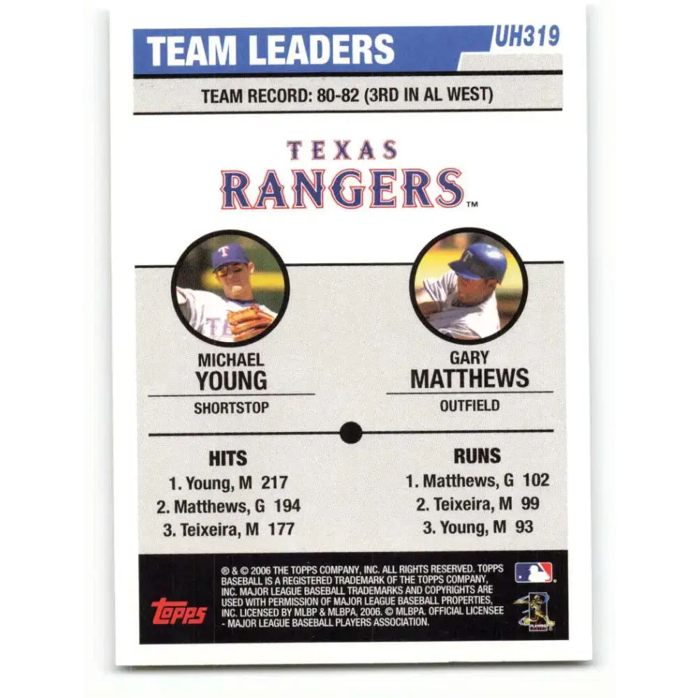 2006 Topps Update #319 Michael Young/Gary Matthews Jr. EX Excellent Texas Rangers Baseball Card - Baseball Card Single