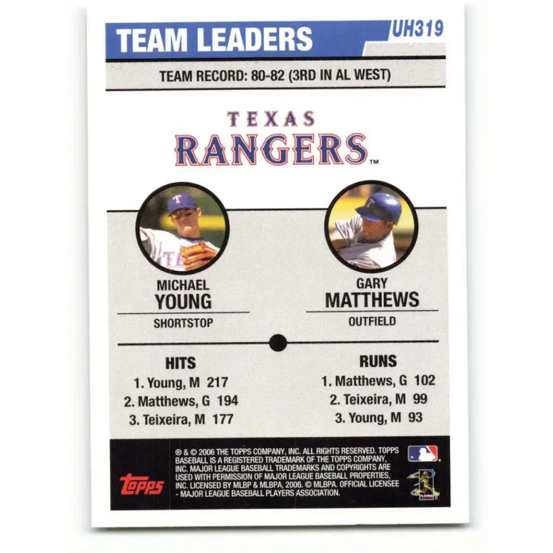 2006 Topps Update #319 Michael Young/Gary Matthews Jr. EX Excellent Texas Rangers Baseball Card - Baseball Card Single