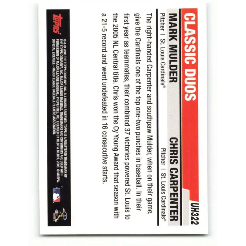 2006 Topps Update #322 Mark Mulder/Chris Carpenter EX Excellent St. Louis Cardinals Baseball Card - Baseball Card Single