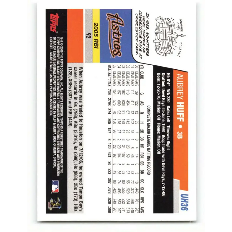 2006 Topps Update #36 Aubrey Huff EX Excellent Houston Astros Baseball Card - Baseball Card Single
