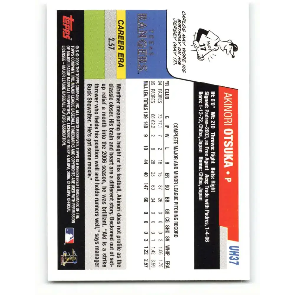 2006 Topps Update #37 Akinori Otsuka EX Excellent Texas Rangers Baseball Card - Baseball Card Single