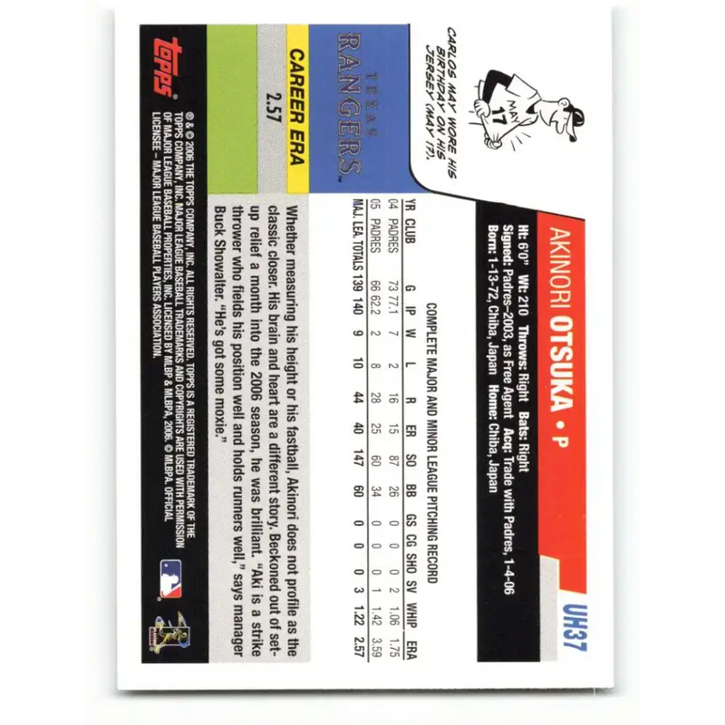 2006 Topps Update #37 Akinori Otsuka EX Excellent Texas Rangers Baseball Card - Baseball Card Single
