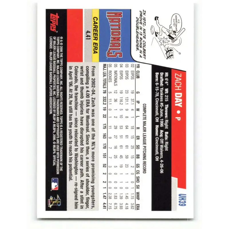 2006 Topps Update #39 Zach Day EX Excellent Washington Nationals Baseball Card - Baseball Card Single