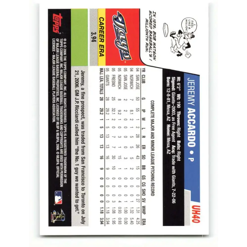 2006 Topps Update #40 Jeremy Accardo EX Excellent Toronto Blue Jays Baseball Card - Baseball Card Single