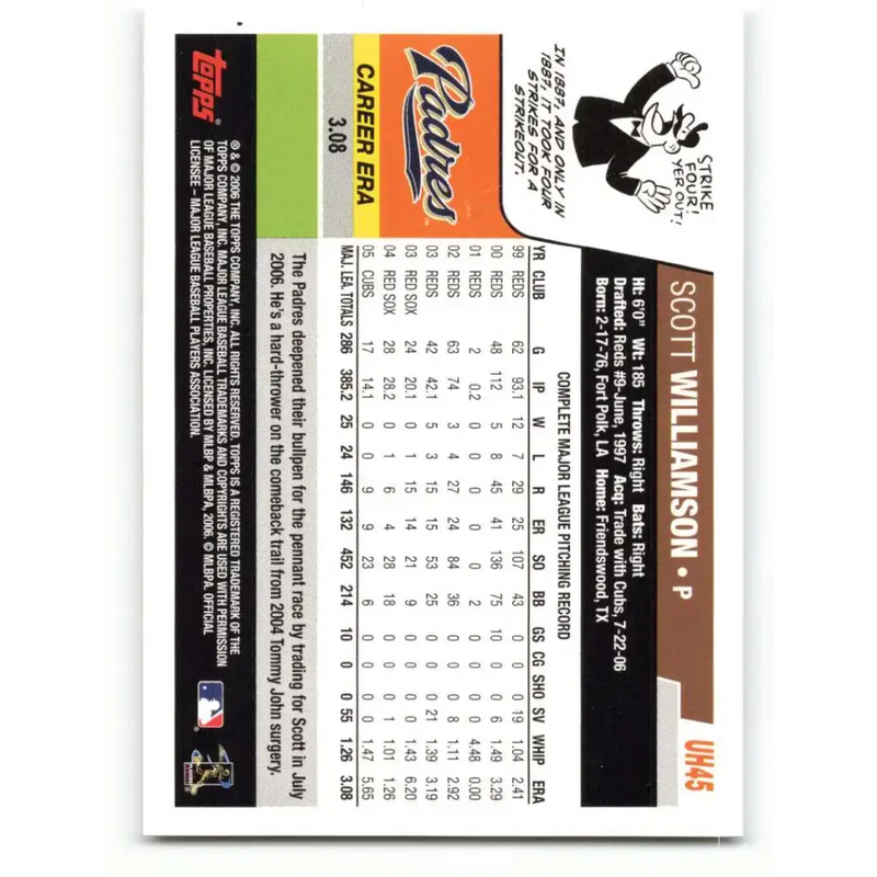 2006 Topps Update #45 Scott Williamson EX Excellent San Diego Padres Baseball Card - Baseball Card Single