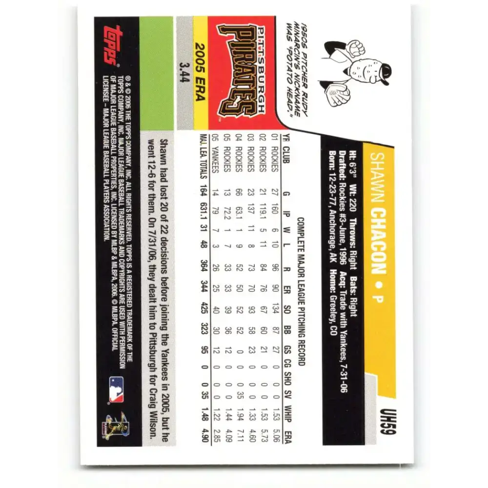 2006 Topps Update #59 Shawn Chacon EX Excellent Pittsburgh Pirates Baseball Card - Baseball Card Single