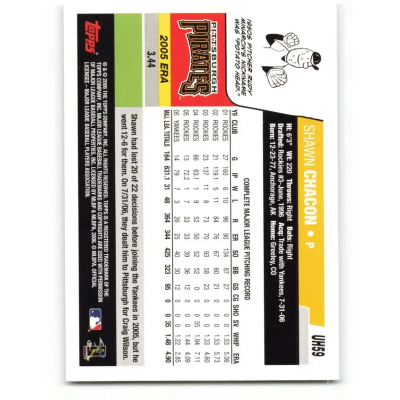 2006 Topps Update #59 Shawn Chacon EX Excellent Pittsburgh Pirates Baseball Card - Baseball Card Single