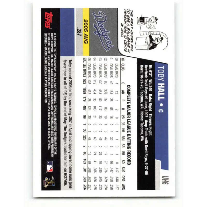 2006 Topps Update #6 Toby Hall EX Excellent Los Angeles Dodgers Baseball Card - Baseball Card Single