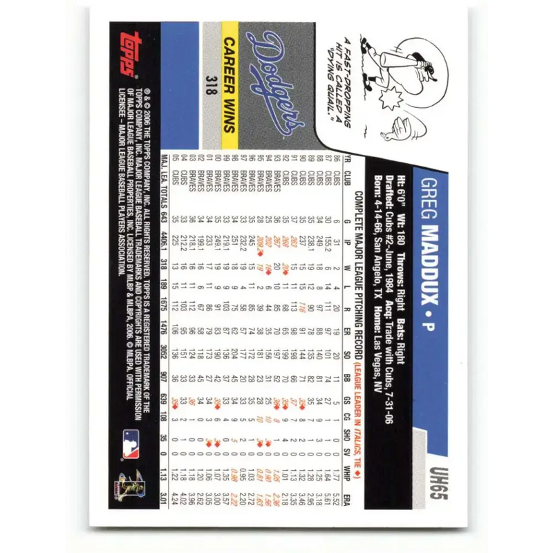 2006 Topps Update #65 Greg Maddux EX Excellent Los Angeles Dodgers Baseball Card - Baseball Card Single