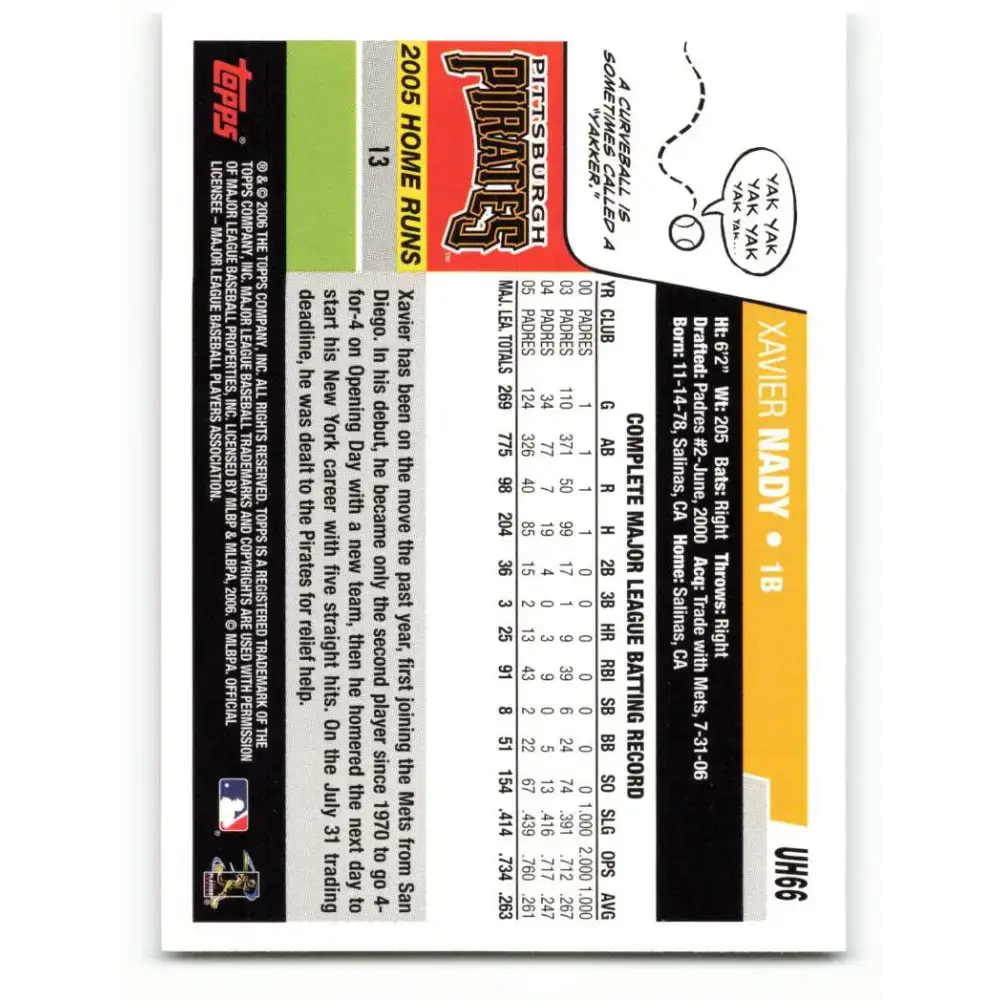 2006 Topps Update #66 Xavier Nady EX Excellent Pittsburgh Pirates Baseball Card - Baseball Card Single